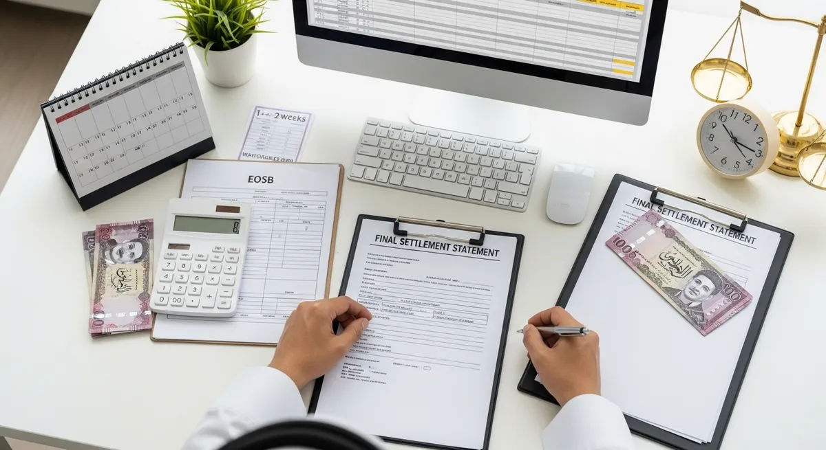 مسؤول موارد بشرية سعودي يُعد وثائق التسوية النهائية مع ريالات سعودية وآلة حاسبة وبيان دفع بموجب المادة 88 من نظام العمل السعودي.